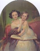 Joseph-Desire Court Portrait de Marguerite Louise Cibiel et de Marie Aglaure Cibiel assises sur un sofa  feuilletant un livre oil painting reproduction